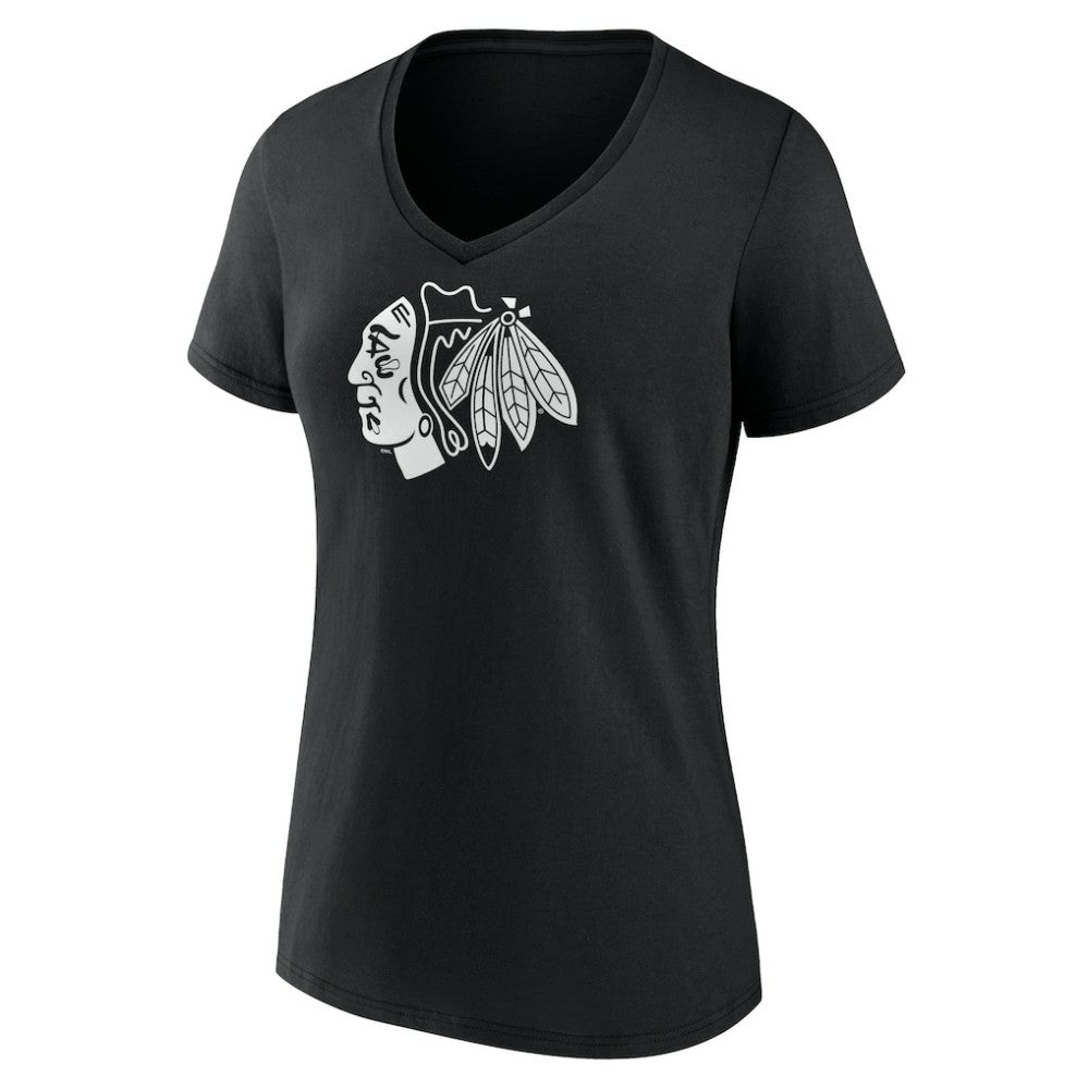 Chicago Blackhawks Women's Personalized Name & Number Monochrome V-Neck T-Shirt - Black | NHL Clearance