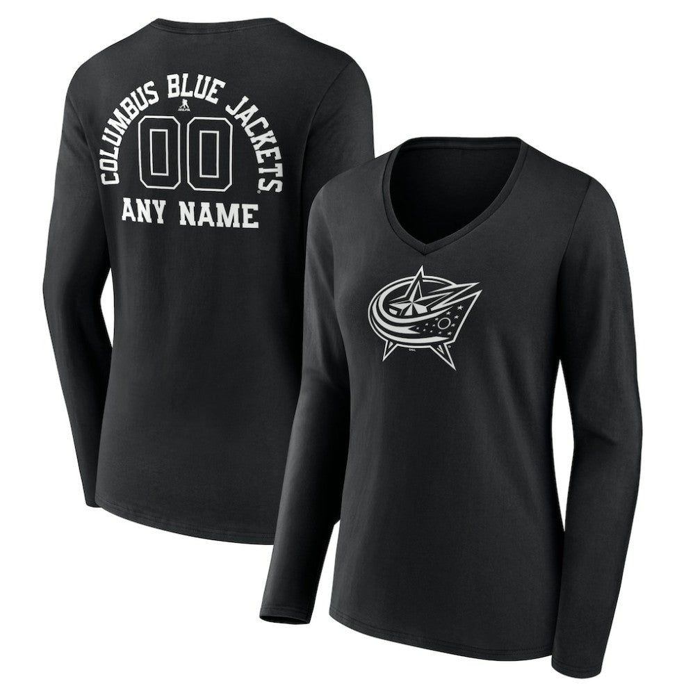 Columbus Blue Jackets Women's Personalized Name & Number Monochrome Long Sleeve V-Neck T-Shirt - Black | NHL Clearance