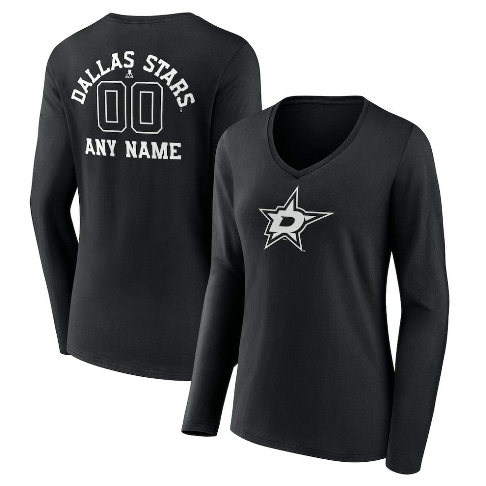 Dallas Stars Women's Personalized Name & Number Monochrome Long Sleeve V-Neck T-Shirt - Black | NHL near me