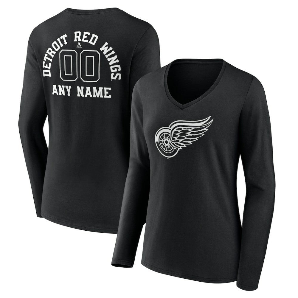 Detroit Red Wings Women's Personalized Name & Number Monochrome Long Sleeve V-Neck T-Shirt - Black | NHL online