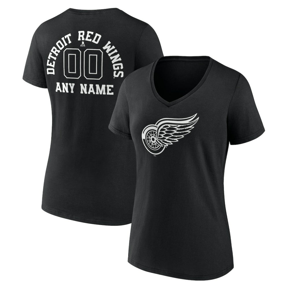 Detroit Red Wings Women's Personalized Name & Number Monochrome V-Neck T-Shirt - Black | NHL Clearance