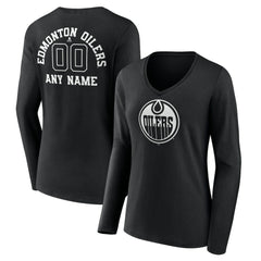 Edmonton Oilers Women's Personalized Name & Number Monochrome Long Sleeve V-Neck T-Shirt - Black | NHL Clearance