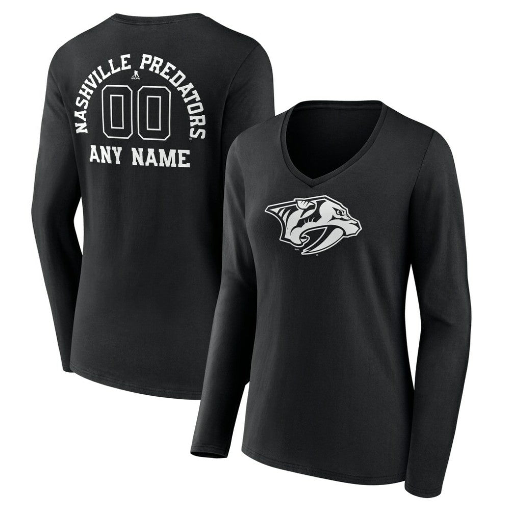 Nashville Predators Women's Personalized Name & Number Monochrome Long Sleeve V-Neck T-Shirt - Black | NHL sale