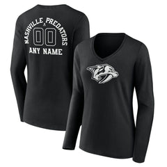 Nashville Predators Women's Personalized Name & Number Monochrome Long Sleeve V-Neck T-Shirt - Black | NHL sale