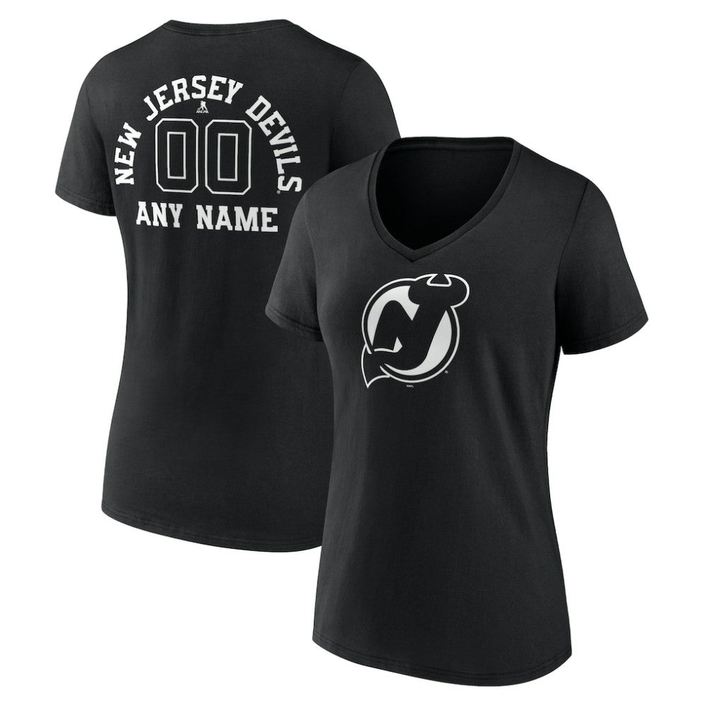 New Jersey Devils Women's Personalized Name & Number Monochrome V-Neck T-Shirt - Black | NHL Lifestyle
