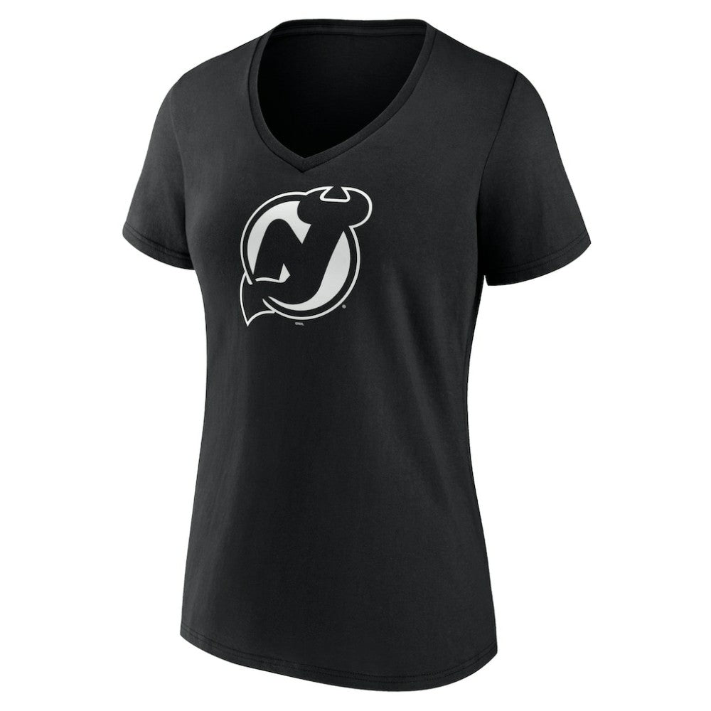 New Jersey Devils Women's Personalized Name & Number Monochrome V-Neck T-Shirt - Black | NHL Lifestyle
