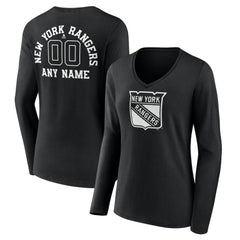 New York Rangers Women's Personalized Name & Number Monochrome Long Sleeve V-Neck T-Shirt - Black | NHL Clearance