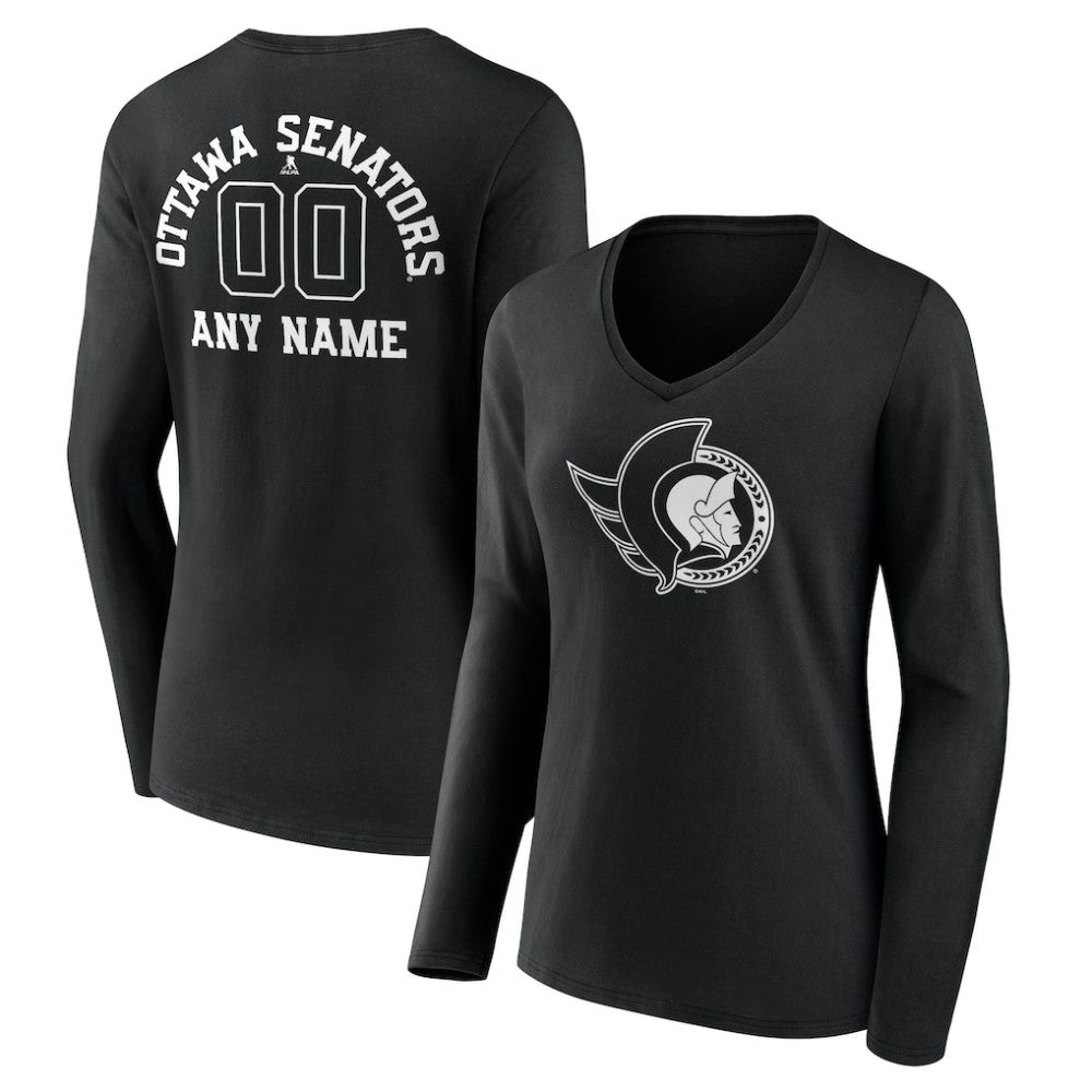Ottawa Senators Women's Personalized Name & Number Monochrome Long Sleeve V-Neck T-Shirt - Black | NHL sale