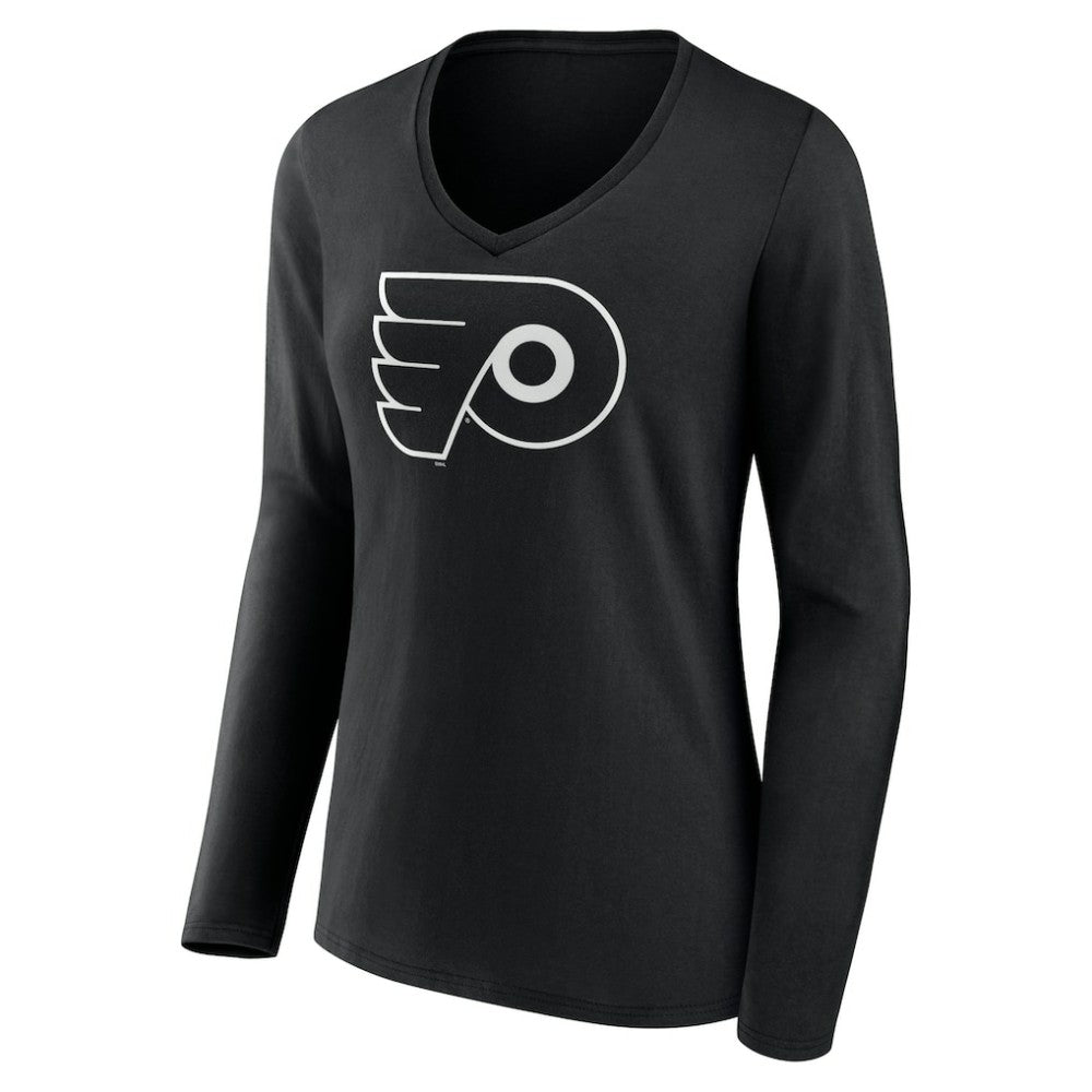 Philadelphia Flyers Women's Personalized Name & Number Monochrome Long Sleeve V-Neck T-Shirt - Black | NHL Lifestyle