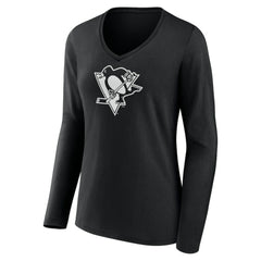 Pittsburgh Penguins Women's Personalized Name & Number Monochrome Long Sleeve V-Neck T-Shirt - Black | NHL Lifestyle