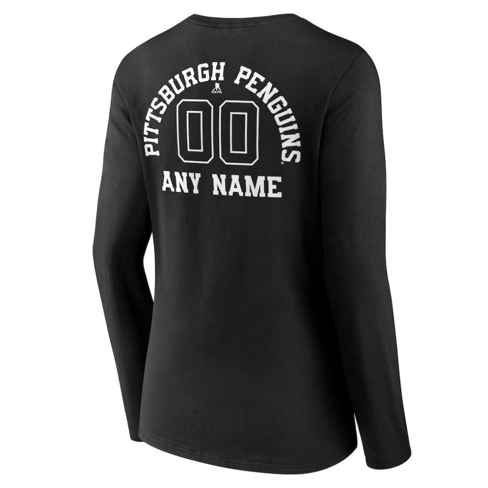 Pittsburgh Penguins Women's Personalized Name & Number Monochrome Long Sleeve V-Neck T-Shirt - Black | NHL Lifestyle