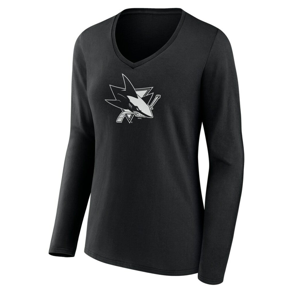San Jose Sharks Women's Personalized Name & Number Monochrome Long Sleeve V-Neck T-Shirt - Black | NHL Lifestyle
