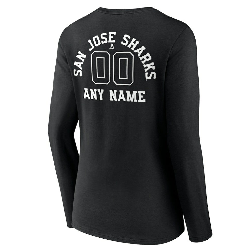 San Jose Sharks Women's Personalized Name & Number Monochrome Long Sleeve V-Neck T-Shirt - Black | NHL Lifestyle