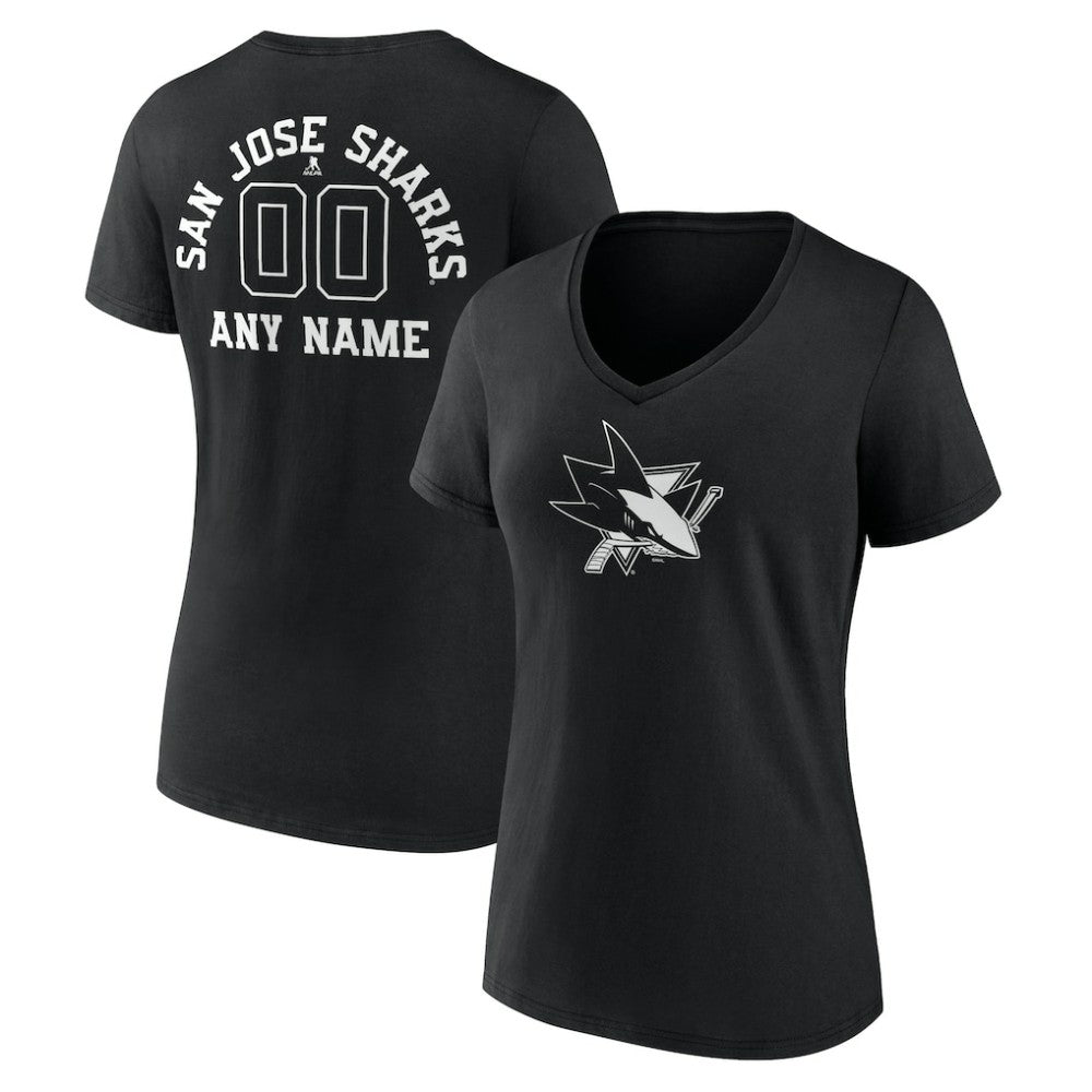 San Jose Sharks Women's Personalized Name & Number Monochrome V-Neck T-Shirt - Black | NHL Clearance