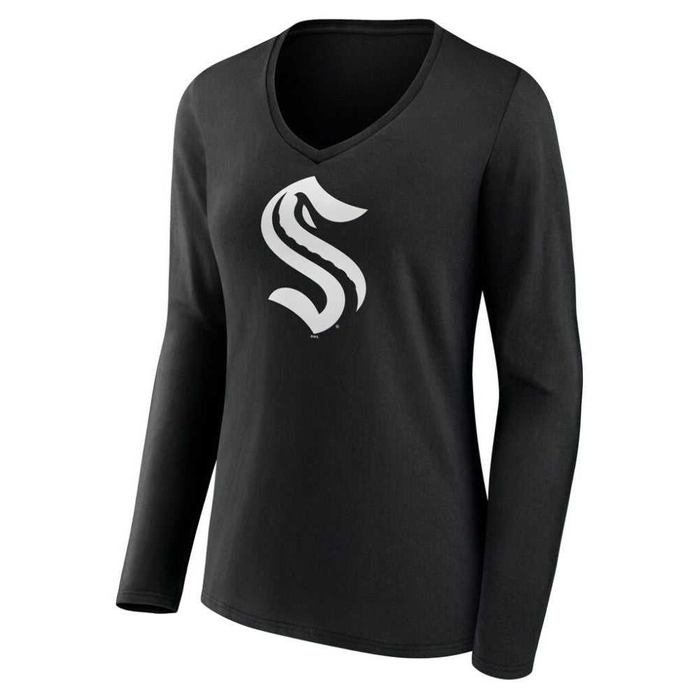 Seattle Kraken Women's Personalized Name & Number Monochrome Long Sleeve V-Neck T-Shirt - Black | NHL Clearance