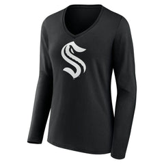 Seattle Kraken Women's Personalized Name & Number Monochrome Long Sleeve V-Neck T-Shirt - Black | NHL Clearance