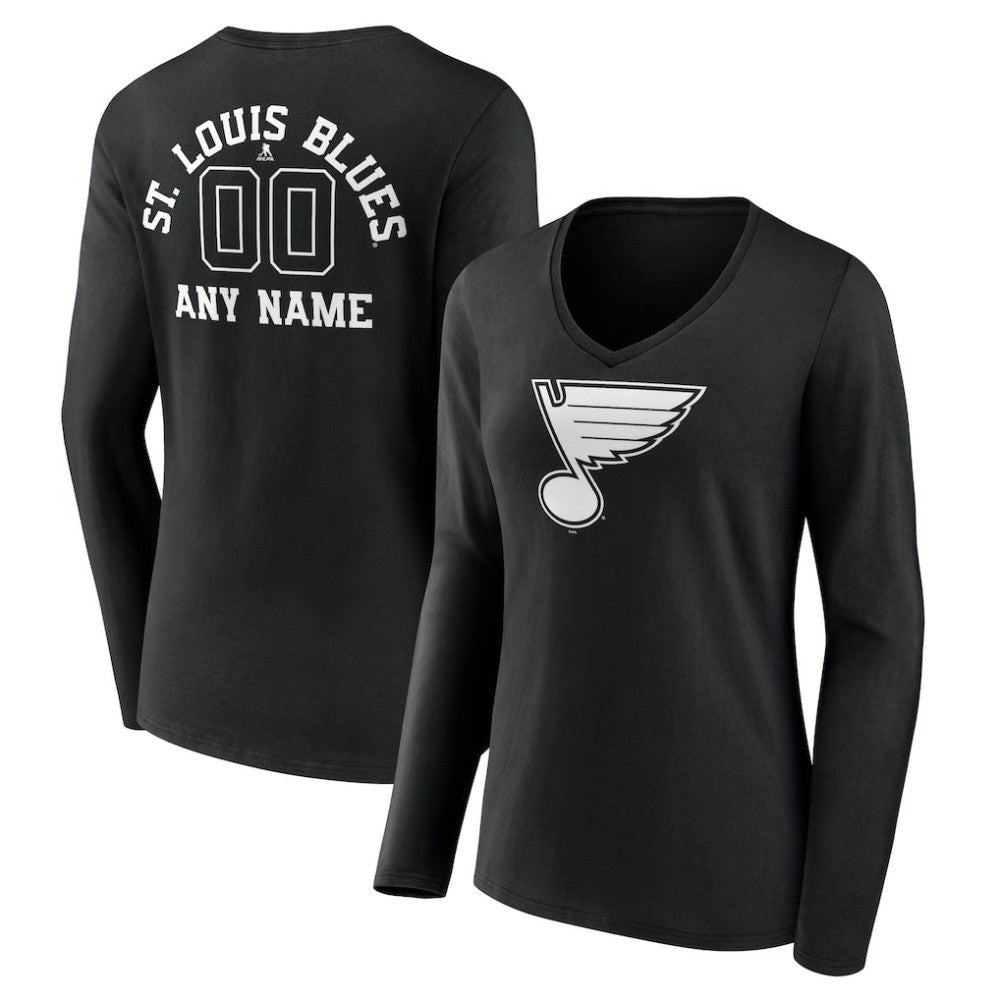 St. Louis Blues Women's Personalized Name & Number Monochrome Long Sleeve V-Neck T-Shirt - Black | NHL online