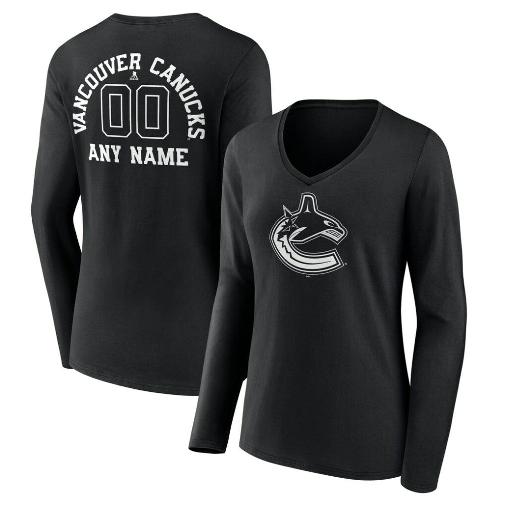 Vancouver Canucks Women's Personalized Name & Number Monochrome Long Sleeve V-Neck T-Shirt - Black | NHL discount