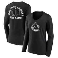 Vancouver Canucks Women's Personalized Name & Number Monochrome Long Sleeve V-Neck T-Shirt - Black | NHL discount