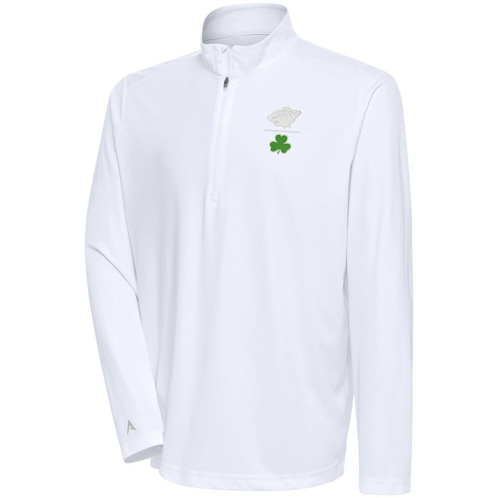 Minnesota Wild Antigua Shamrock Tribute Quarter-Zip Pullover Top - White | NHL Lifestyle