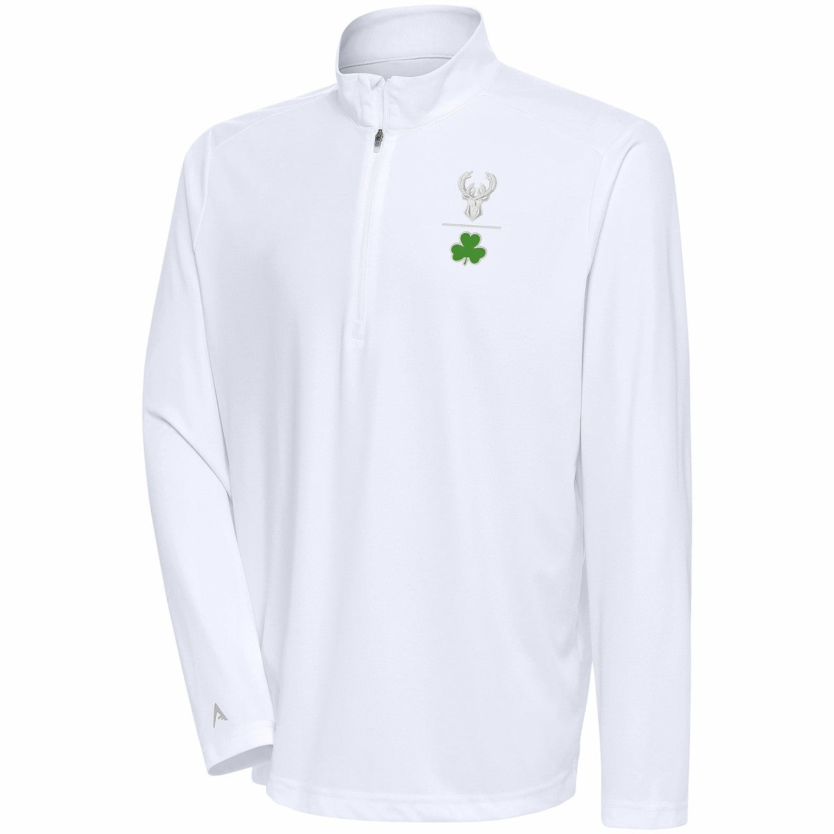 Milwaukee Bucks Antigua Shamrock Tribute Quarter-Zip Pullover Top White