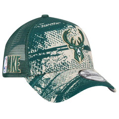 New Era Milwaukee Bucks Tip Off A-Frame Trucker 9FORTY Adjustable Hat Hunter Green/Cream