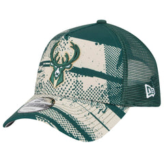 New Era Milwaukee Bucks Tip Off A-Frame Trucker 9FORTY Adjustable Hat Hunter Green/Cream