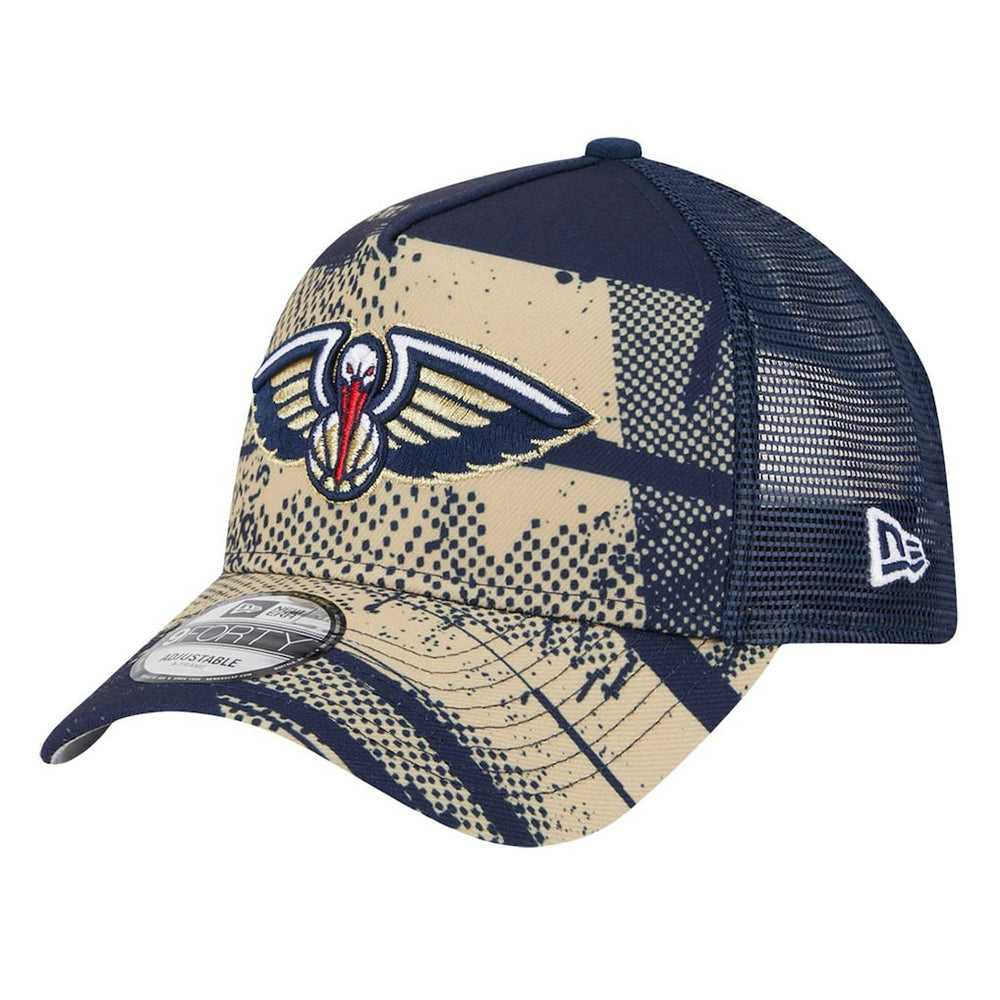 New Era New Orleans Pelicans Tip Off A-Frame Trucker 9FORTY Adjustable Hat Navy/Gold