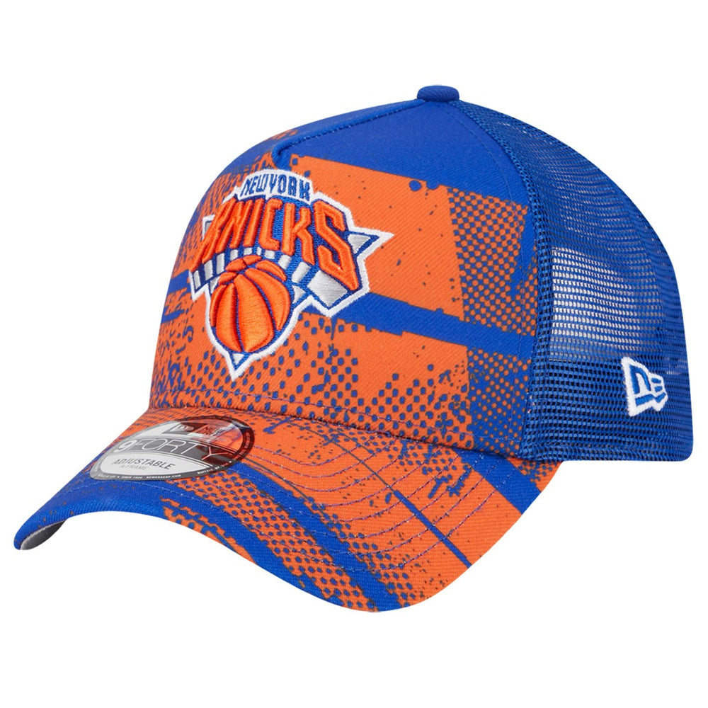 New Era New York Knicks Tip Off A-Frame Trucker 9FORTY Adjustable Hat Blue/Orange