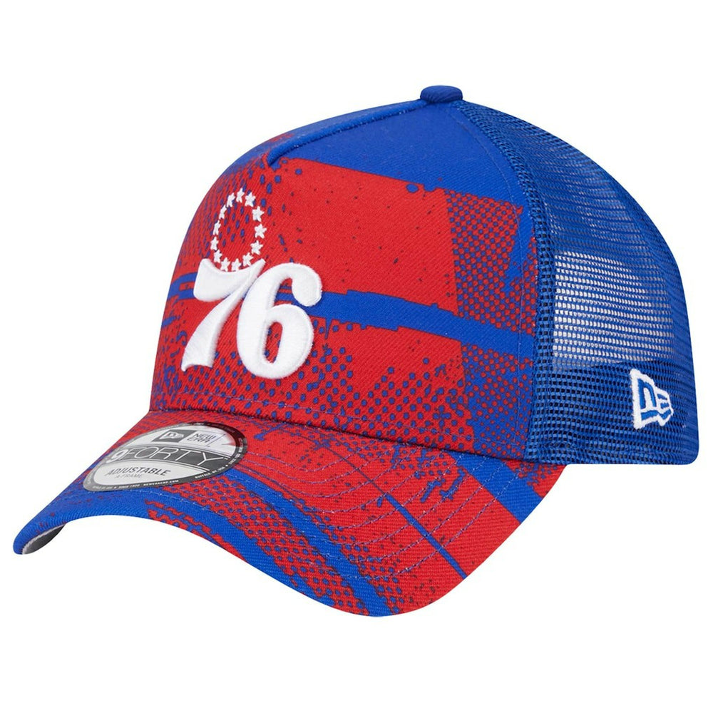 New Era Philadelphia 76ers Tip Off A-Frame Trucker 9FORTY Adjustable Hat Royal/Red