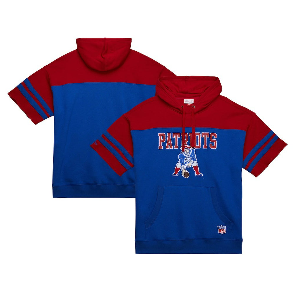 New England Patriots Off Field Vintage Logo Short Sleeve Pullover Hoodie - Royal - Mitchell & Ness