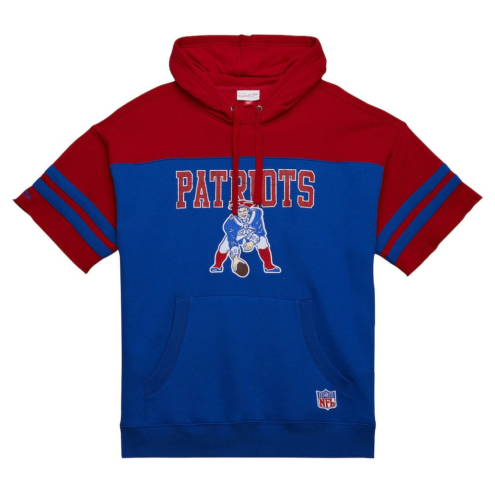 New England Patriots Off Field Vintage Logo Short Sleeve Pullover Hoodie - Royal - Mitchell & Ness