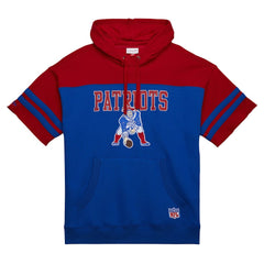 New England Patriots Off Field Vintage Logo Short Sleeve Pullover Hoodie - Royal - Mitchell & Ness