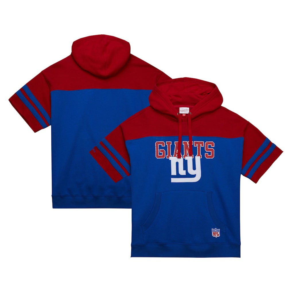 New York Giants Off Field Vintage Logo Short Sleeve Pullover Hoodie - Royal - Mitchell & Ness