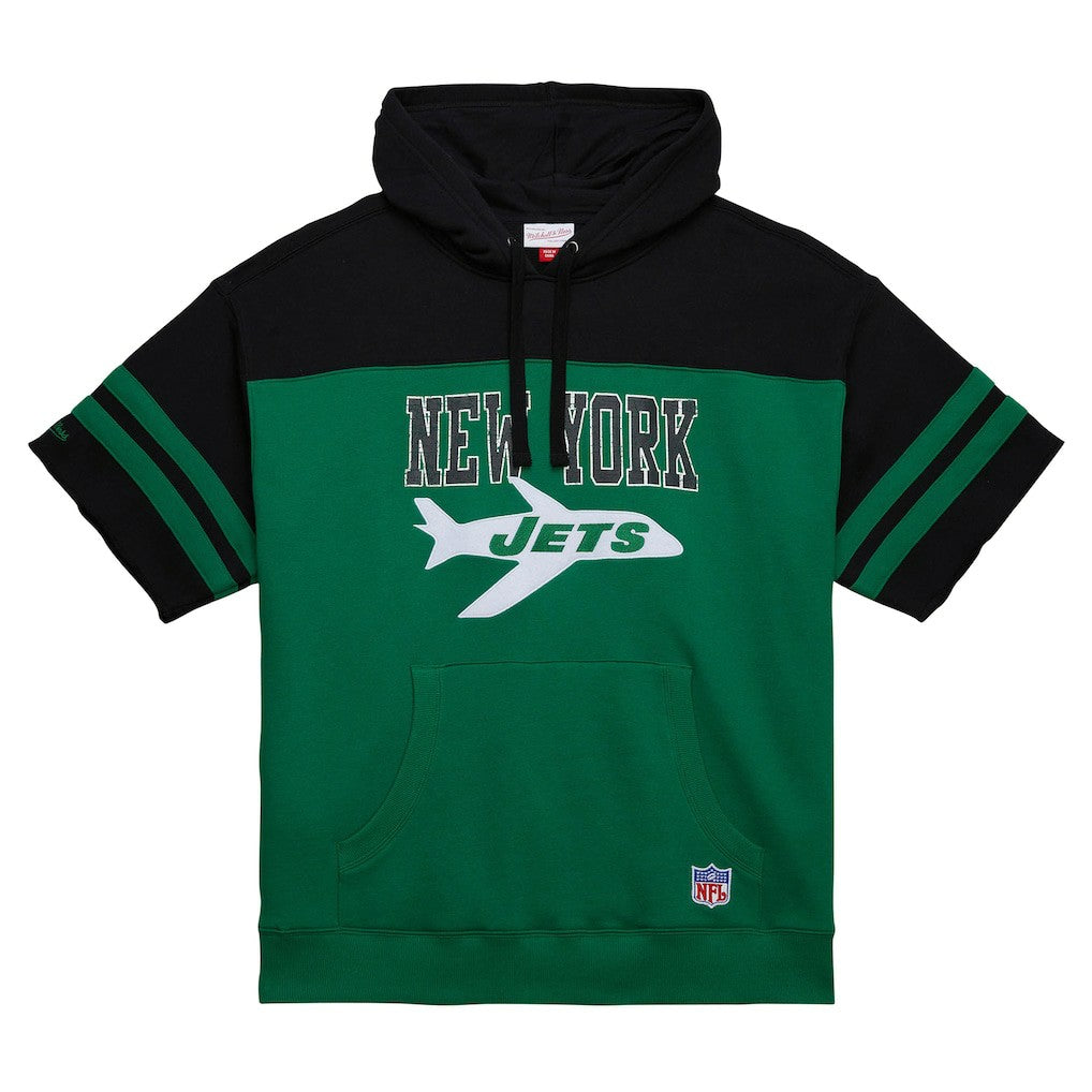 New York Jets Off Field Vintage Logo Short Sleeve Pullover Hoodie - Kelly Green - Mitchell & Ness