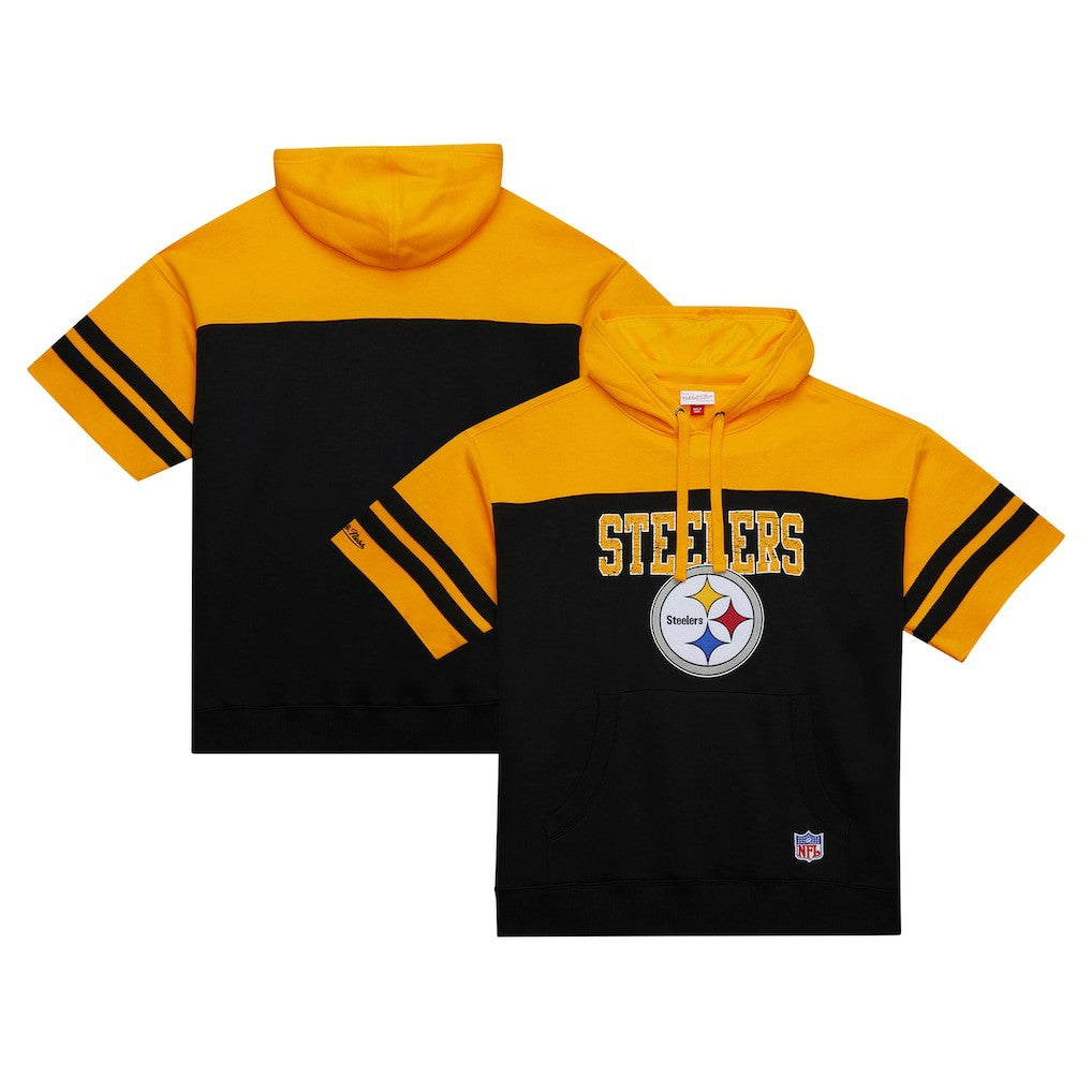 Pittsburgh Steelers Off Field Vintage Logo Short Sleeve Pullover Hoodie - Black - Mitchell & Ness