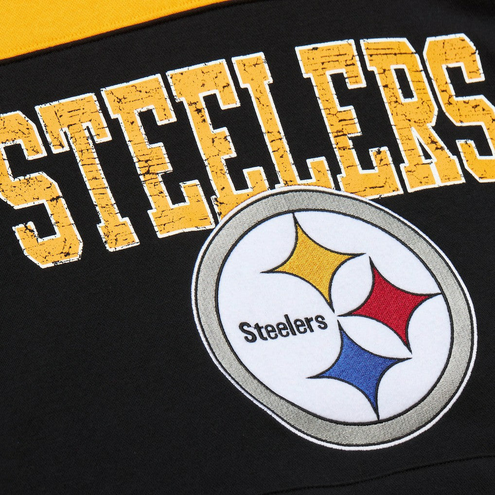 Pittsburgh Steelers Off Field Vintage Logo Short Sleeve Pullover Hoodie - Black - Mitchell & Ness