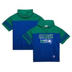Seattle Seahawks Off Field Vintage Logo Short Sleeve Pullover Hoodie - Royal - Mitchell & Ness