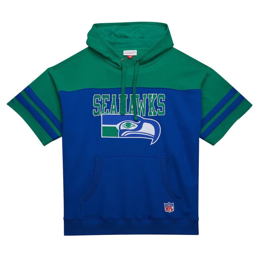 Seattle Seahawks Off Field Vintage Logo Short Sleeve Pullover Hoodie - Royal - Mitchell & Ness