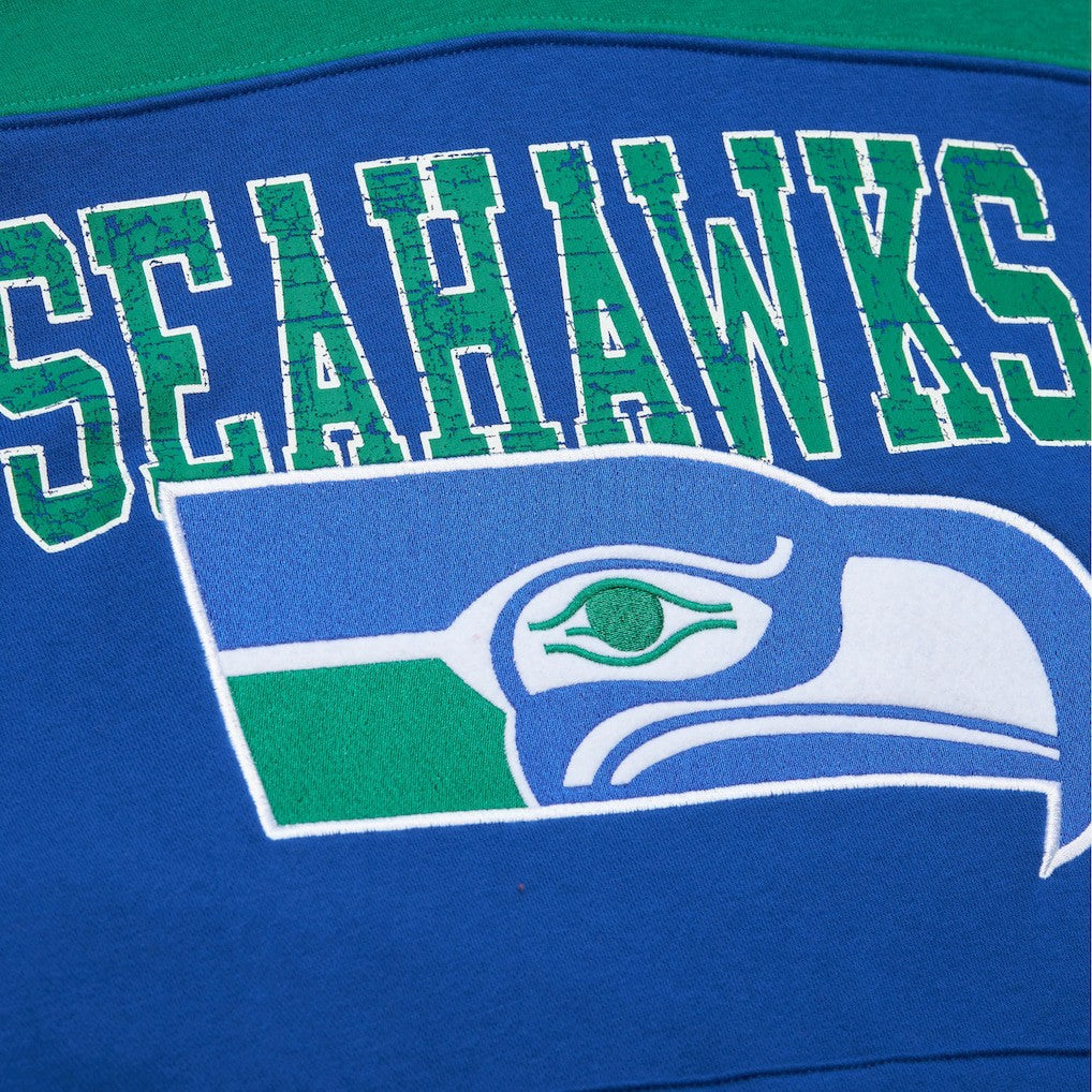 Seattle Seahawks Off Field Vintage Logo Short Sleeve Pullover Hoodie - Royal - Mitchell & Ness