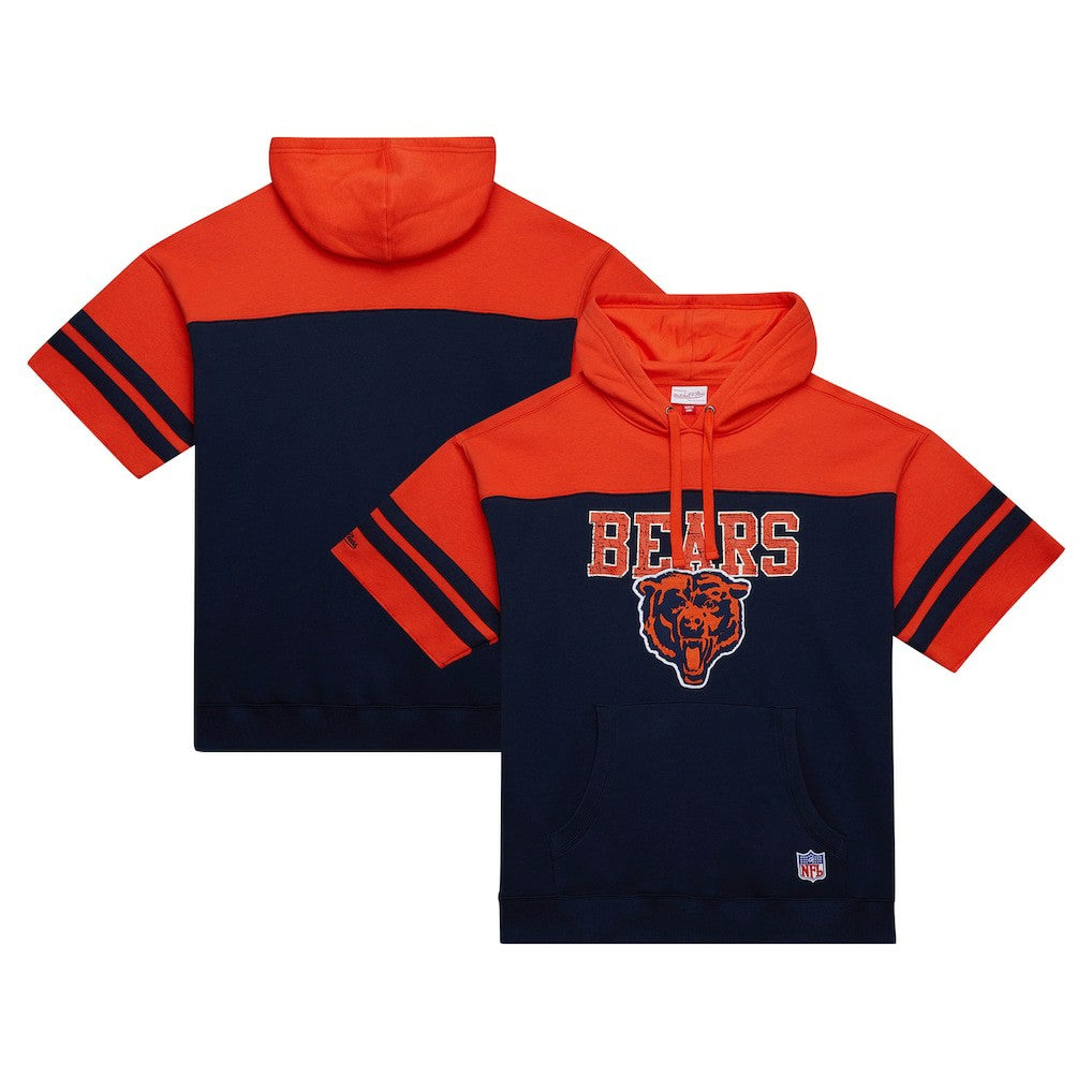 Chicago Bears Off Field Vintage Logo Short Sleeve Pullover Hoodie - Navy - Mitchell & Ness
