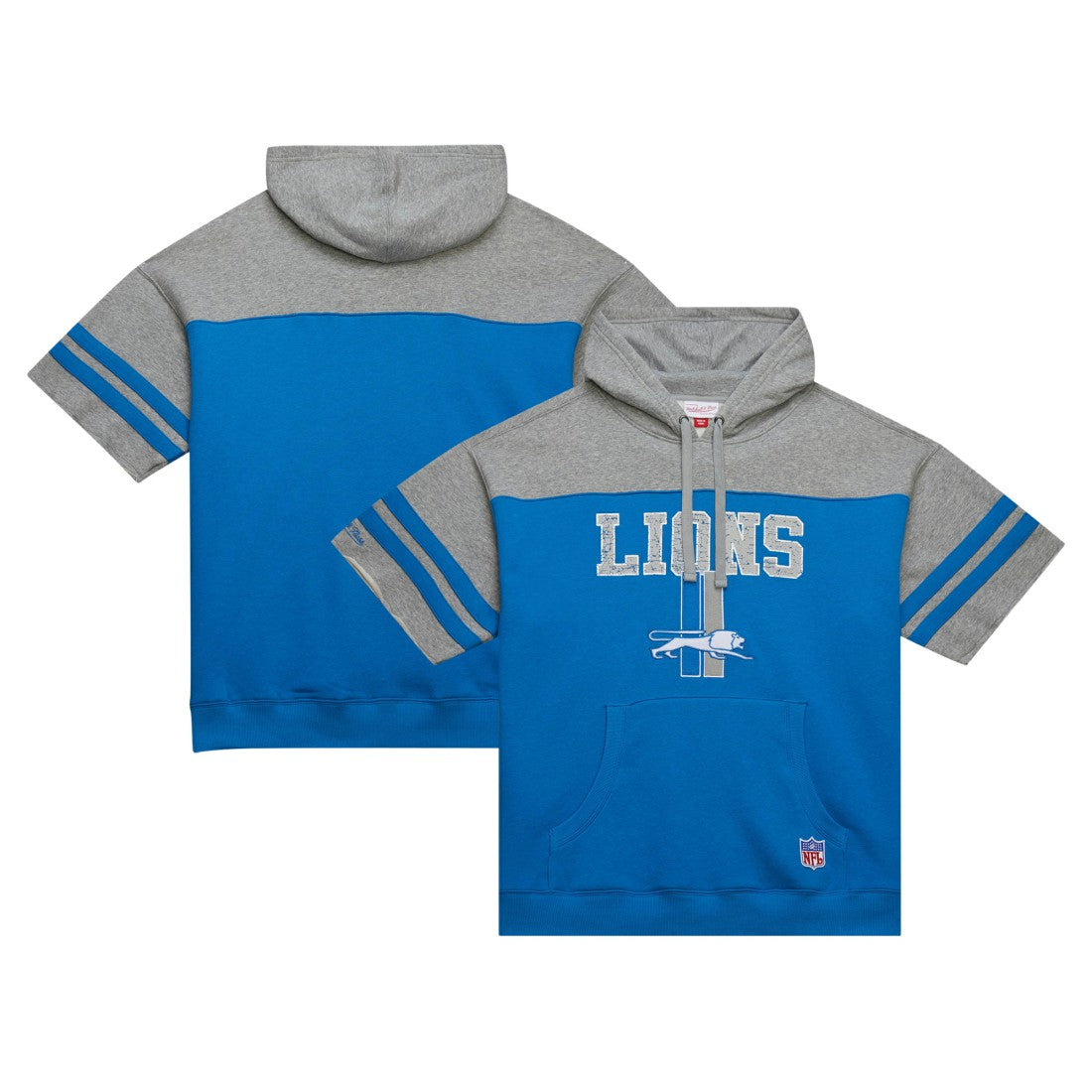 Detroit Lions Off Field Vintage Logo Short Sleeve Pullover Hoodie - Blue - Mitchell & Ness