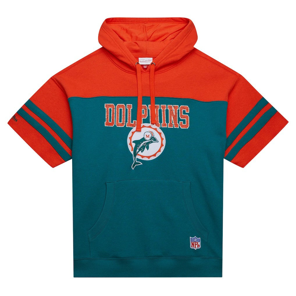 Miami Dolphins Off Field Vintage Logo Short Sleeve Pullover Hoodie - Aqua - Mitchell & Ness
