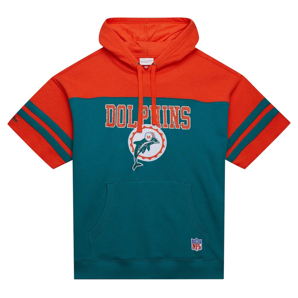 Miami Dolphins Off Field Vintage Logo Short Sleeve Pullover Hoodie - Aqua - Mitchell & Ness