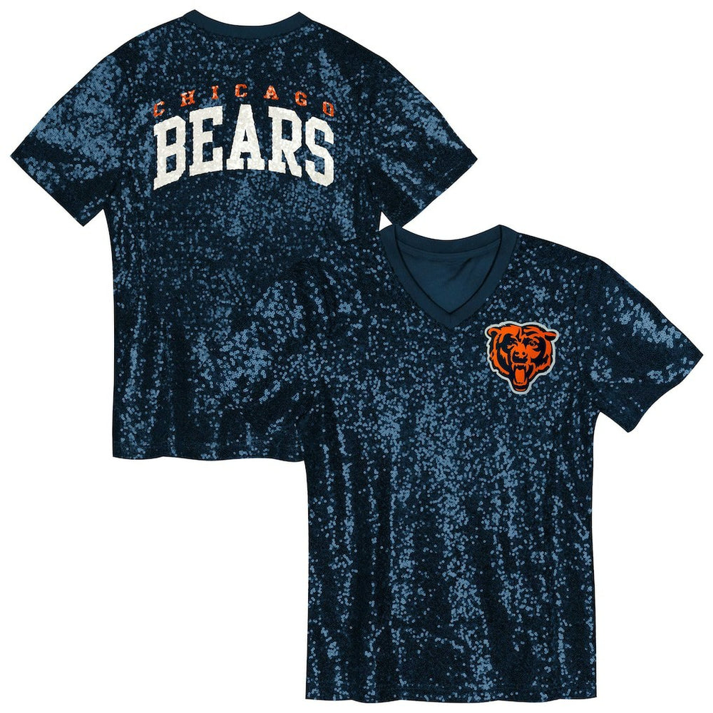 Chicago Bears Girls Youth Wordmark Sequin V-Neck Top - Navy - NFL