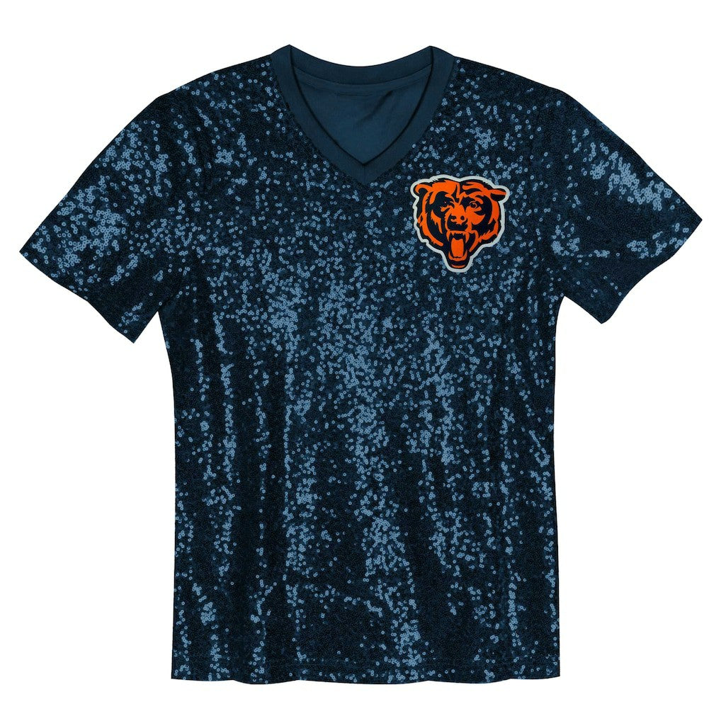 Chicago Bears Girls Youth Wordmark Sequin V-Neck Top - Navy - NFL