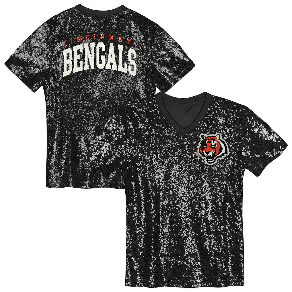 Cincinnati Bengals Girls Youth Wordmark Sequin V-Neck Top - Black - NFL