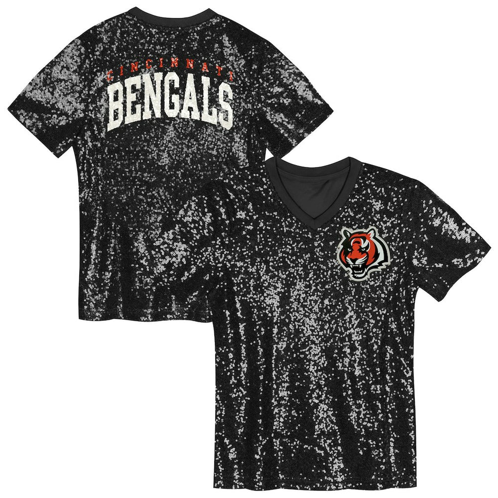 Cincinnati Bengals Girls Youth Wordmark Sequin V-Neck Top - Black - NFL