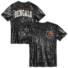 Cincinnati Bengals Girls Youth Wordmark Sequin V-Neck Top - Black - NFL
