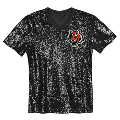 Cincinnati Bengals Girls Youth Wordmark Sequin V-Neck Top - Black - NFL